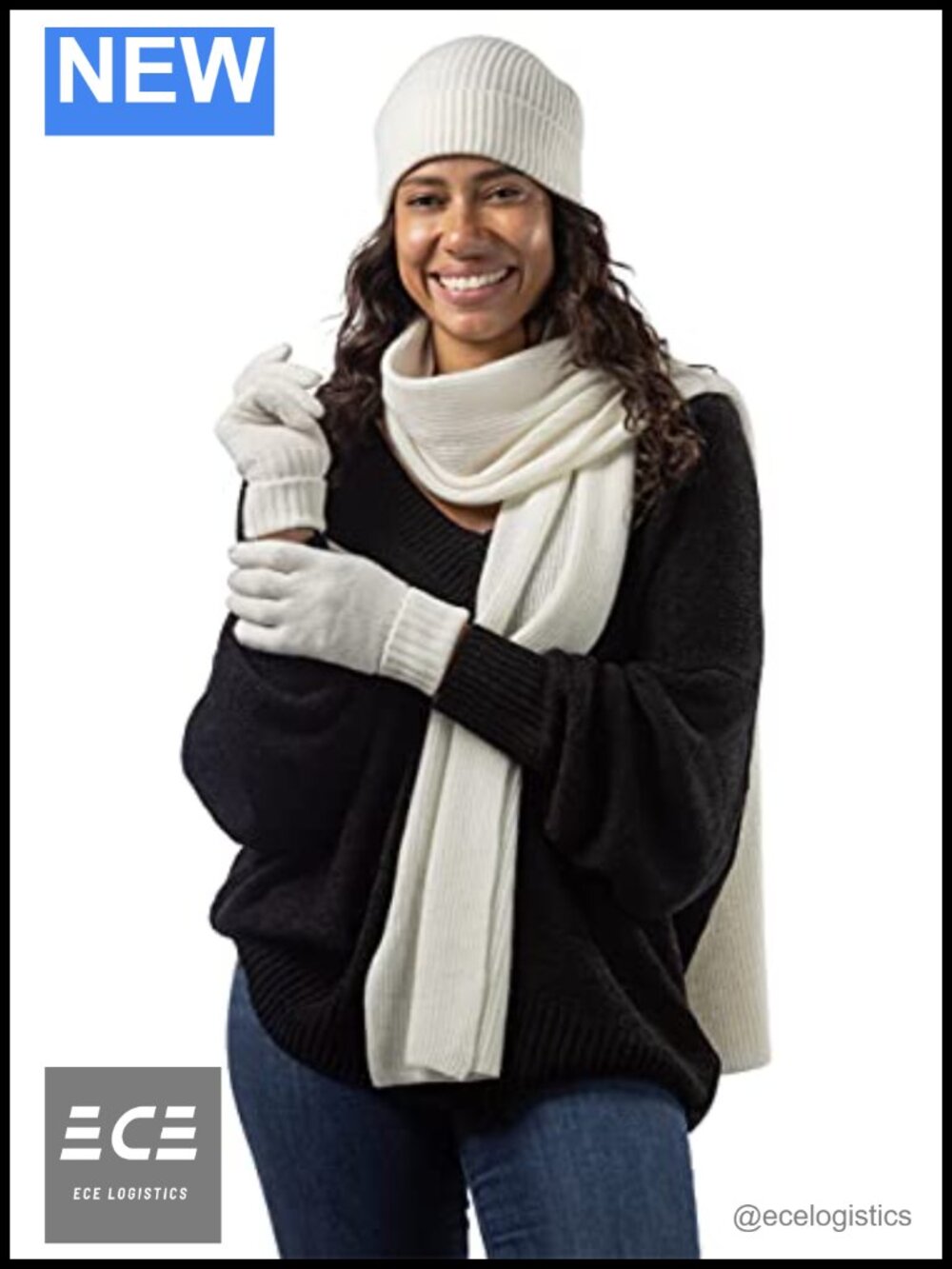 100% Pure Cashmere Ribbed Hat Glove Scarf Set Gift Box